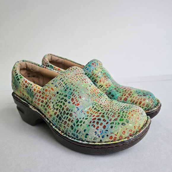 Rainbow Mosaic Clogs Born BOC Size 8 Leather Watercolor Multi Snake Print Floral - Picture 3 of 13